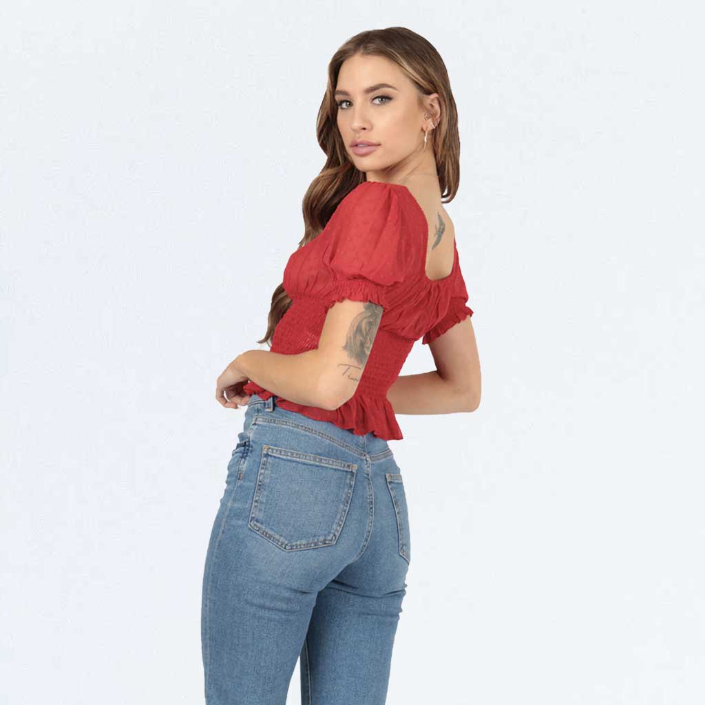 Red Puff Sleeve Shirred Polka Dot Frill Milkmaid Crop Top