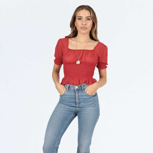 Red Puff Sleeve Shirred Polka Dot Frill Milkmaid Crop Top