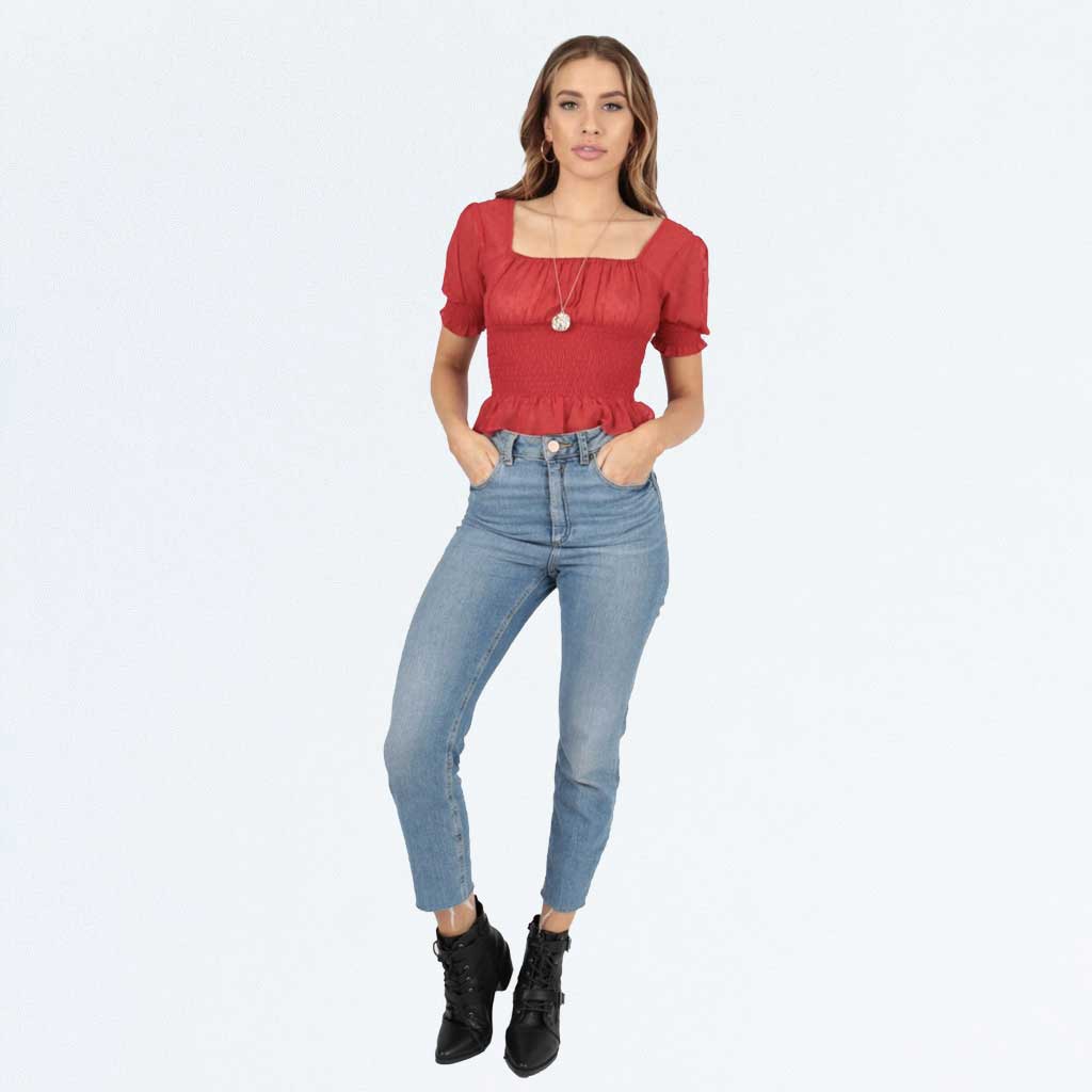 Red Puff Sleeve Shirred Polka Dot Frill Milkmaid Crop Top