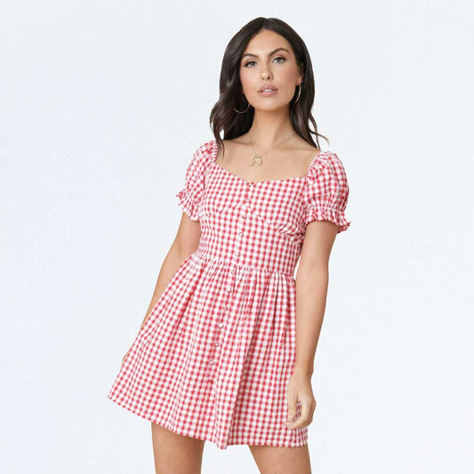 Red and White Gingham Puff Sleeve Button Milkmaid Peasant Dress