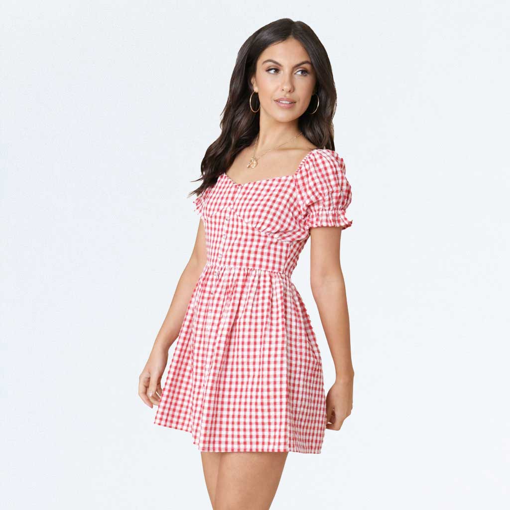 Red and White Gingham Puff Sleeve Button Milkmaid Peasant Dress Something Glam Red and White Gingham Puff Sleeve Button Milkmaid Peasant Dress Something Glam