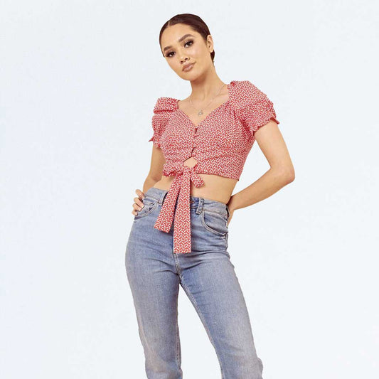 Red and White Heart Print Puff Sleeve Button Up Tie Front Crop Top