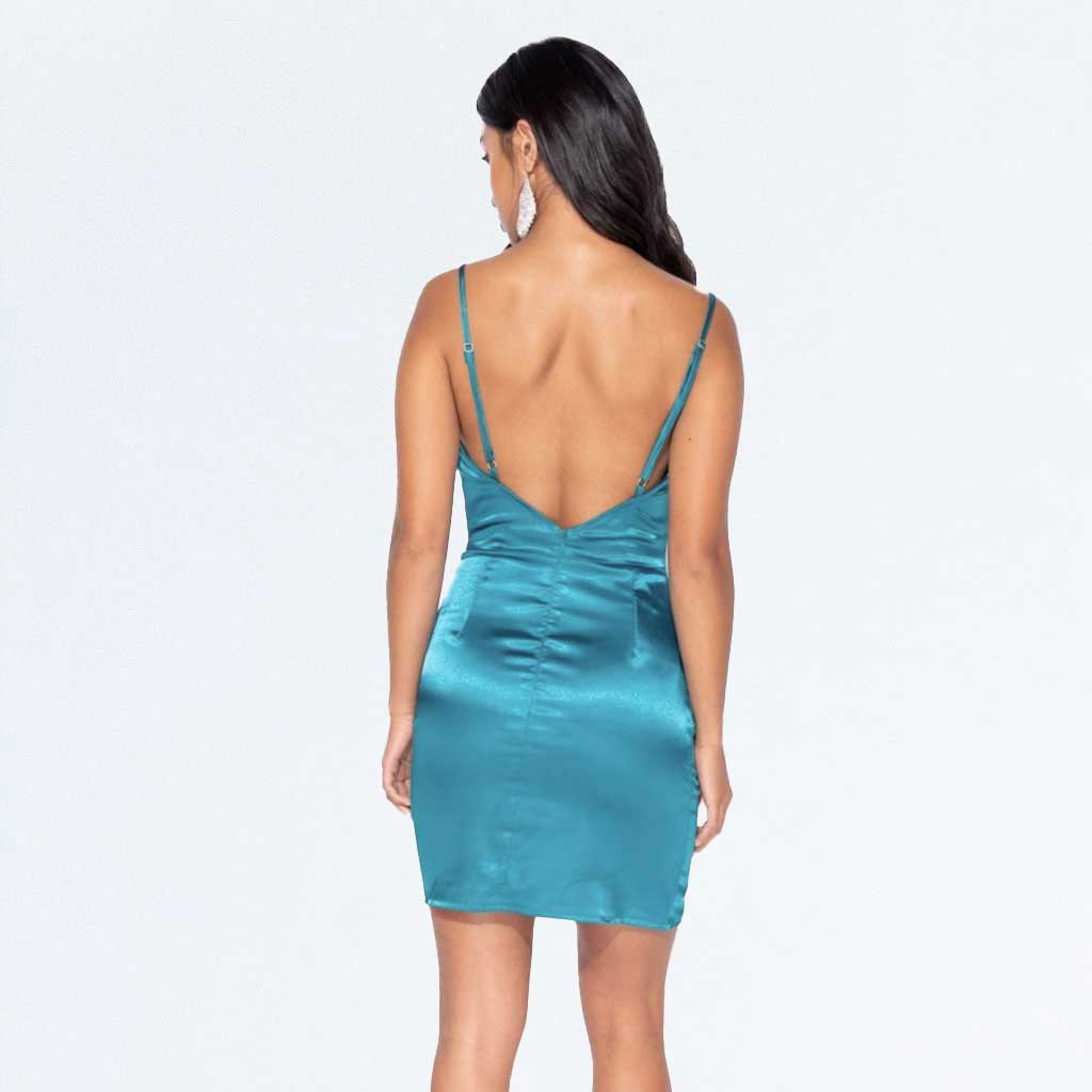 Teal Green Satin Eyelash Lace Cowl Neck Strappy Backless Mini Dress