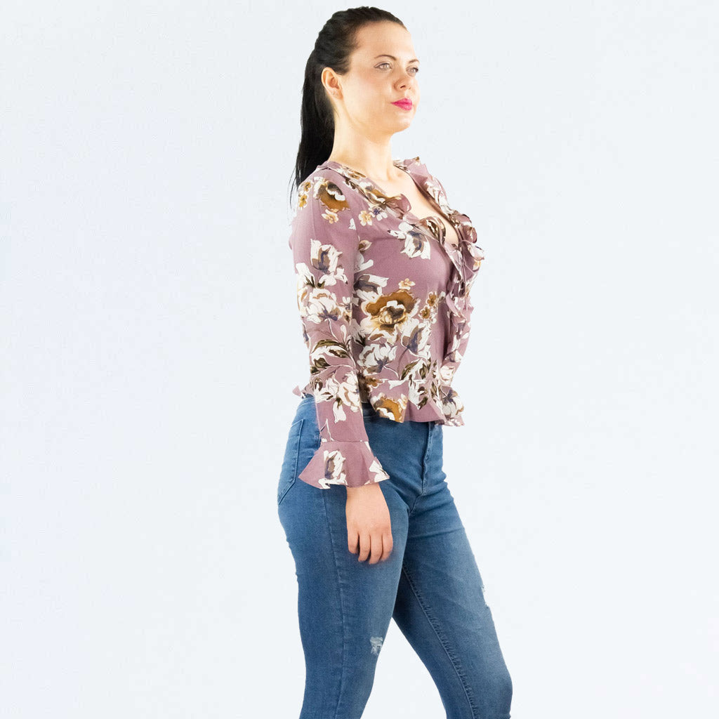 Urban Bliss Purple Floral Frill Cropped 3/4 Sleeve Wrap Blouse