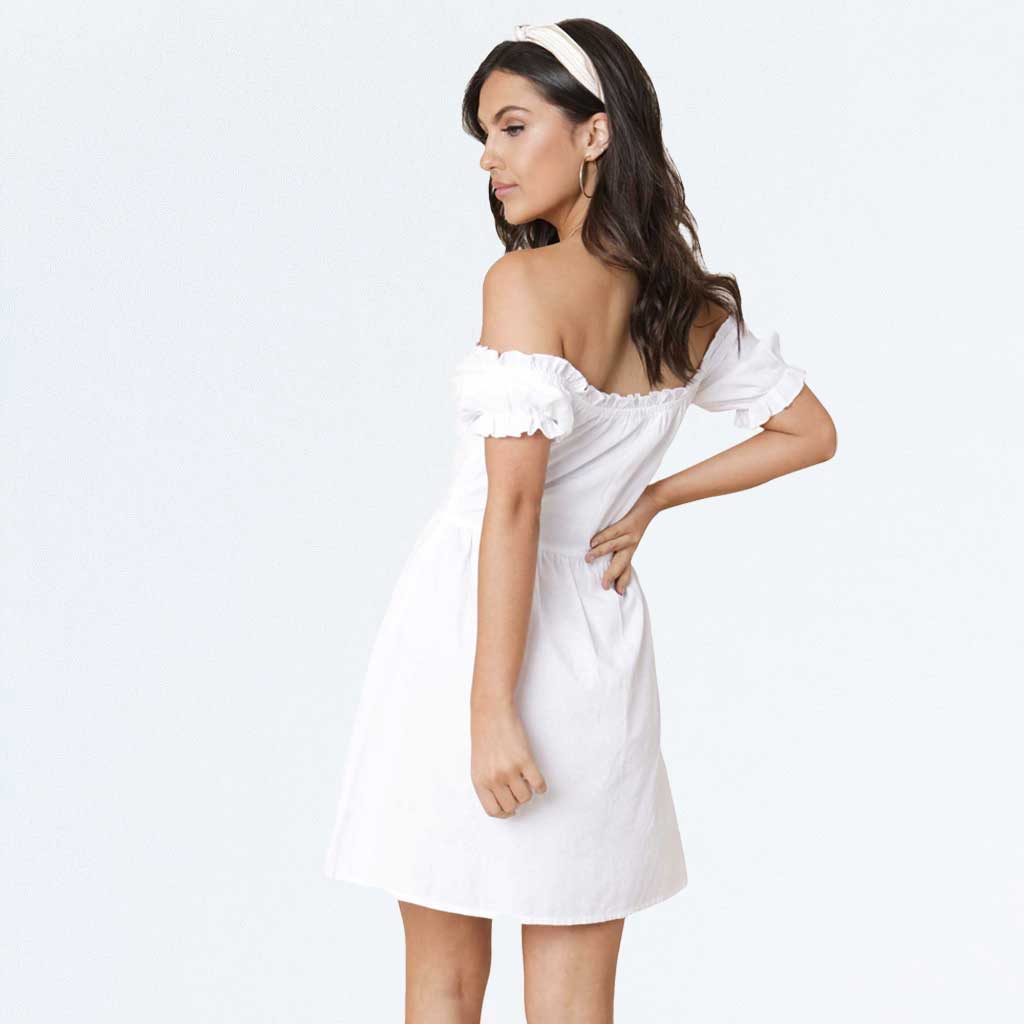 White Bardot Sleeve Lace Up Milkmaid Puff Sleeve Skater Dress