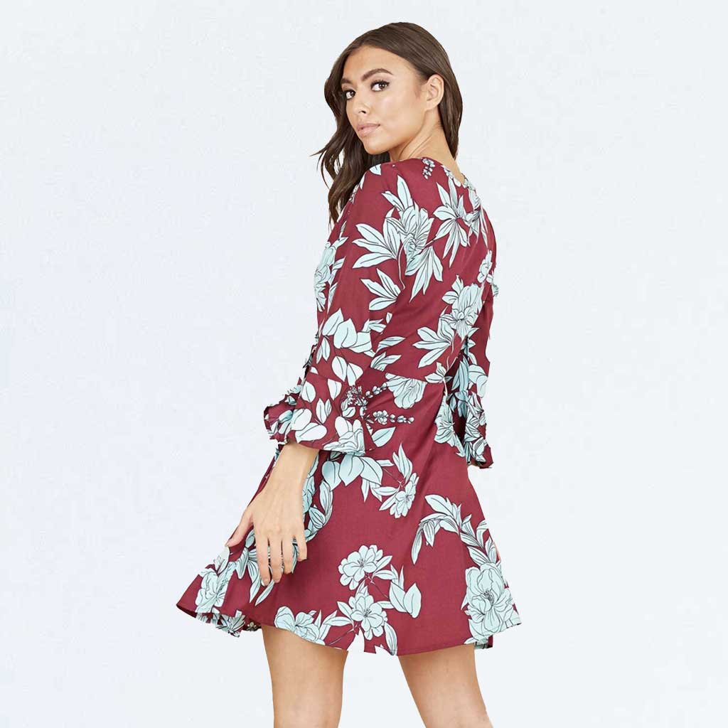 Burgundy Floral V-neck Long Sleeve Flair Ruffle Wrap Skater Dress
