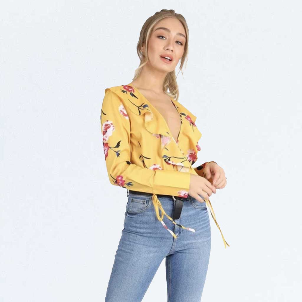 Influence Fashion Yellow Floral Wrap Ruffle Frill Long Sleeve Blouse Bodysuit