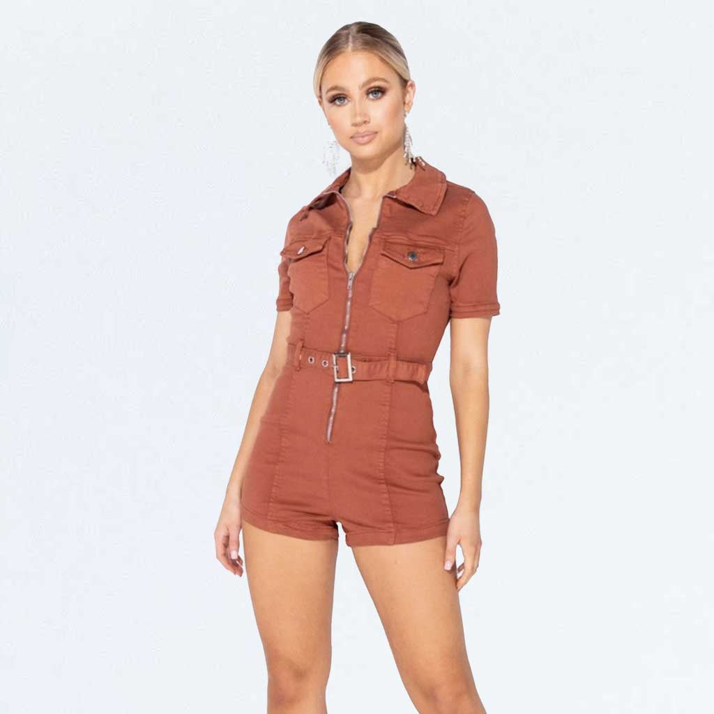 Orange Rust Denim Belted Zip Up Short Sleeve Playsuit