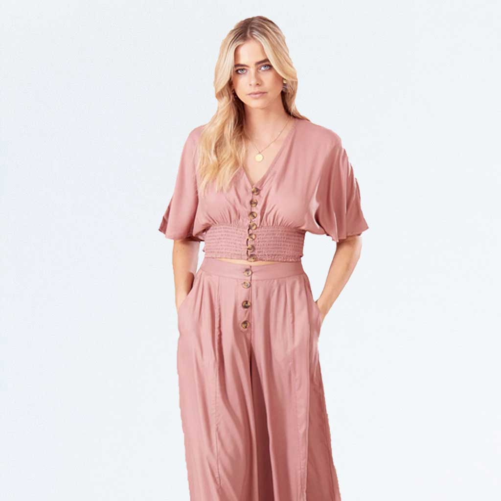 Pink Button Down Short Sleeve Shirred Batwing Peasant Crop Top