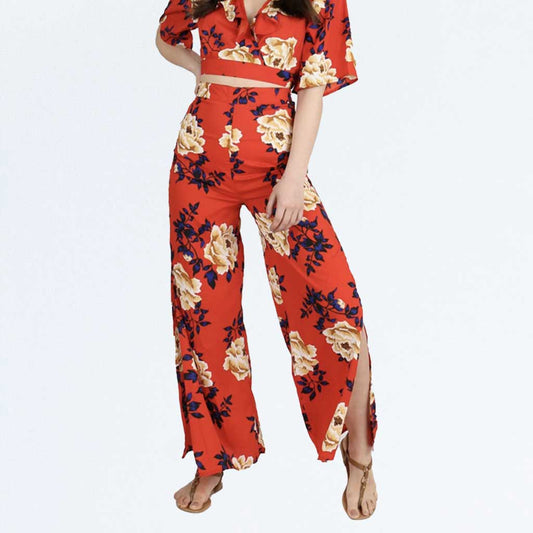 Red Floral Wide Leg Side Split Palazzo Trousers