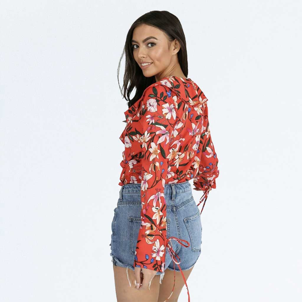 Red Floral Wrap V-neck Ruffle Frill Long Sleeve Blouse Bodysuit