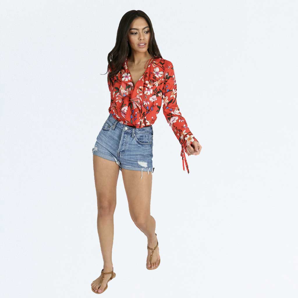 Red Floral Wrap V-neck Ruffle Frill Long Sleeve Blouse Bodysuit