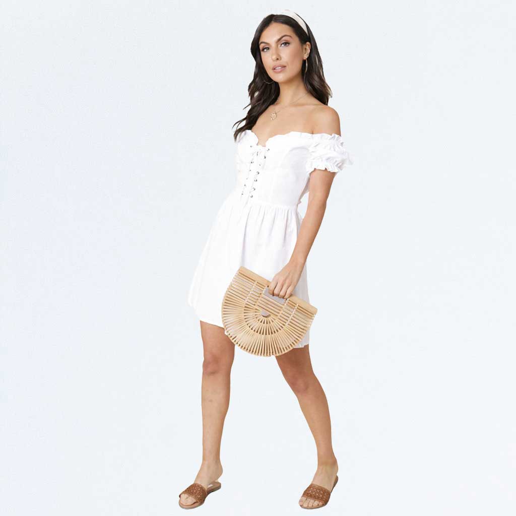 White Bardot Sleeve Lace Up Milkmaid Puff Sleeve Skater Dress