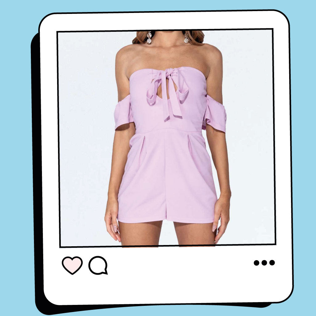 Lilac Purple Bardot Sleeve Tie Up Front Keyhole Shirred Back Playsuit
