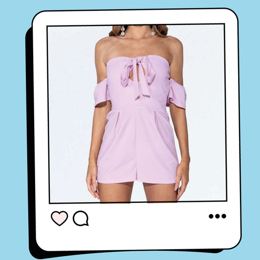 Lilac Purple Bardot Sleeve Tie Up Front Keyhole Shirred Back Playsuit
